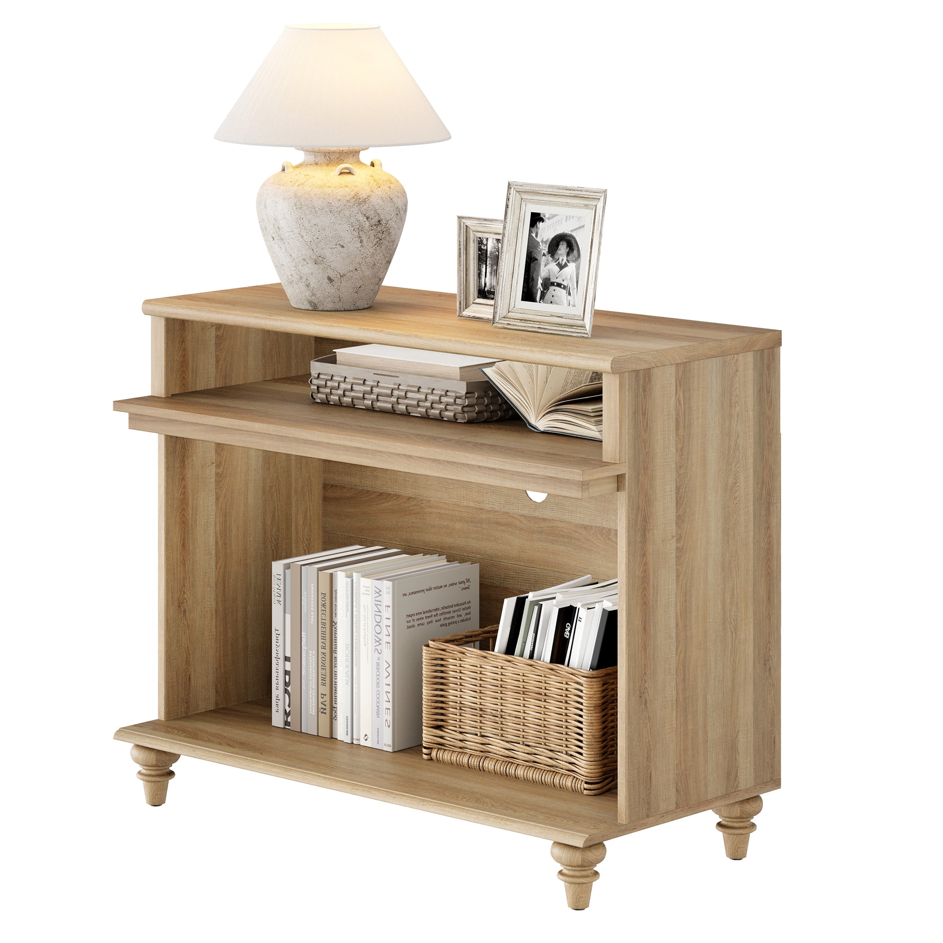 Tall Farmhouse Nightstand, Large Bedside Table Night Stand with Storage Shelf, Wide Sofa Side End Table for Living Room, Bedroom, Oak, 37"