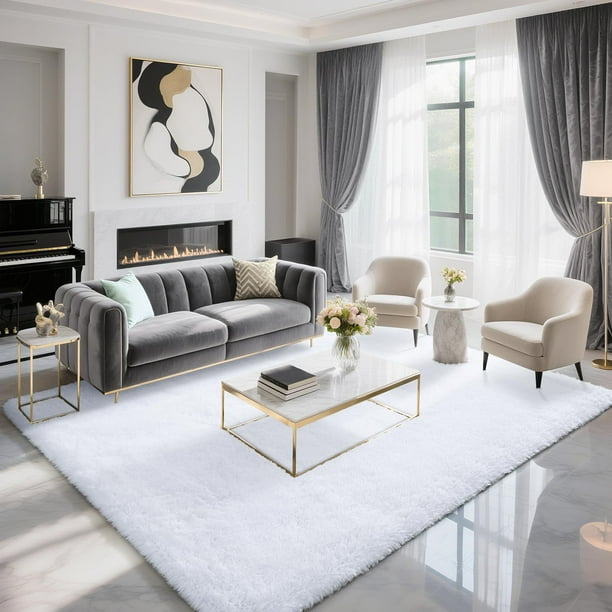 Alfombra BENRON de felpa blanca, 122 x 183 cm, suave y lavable
