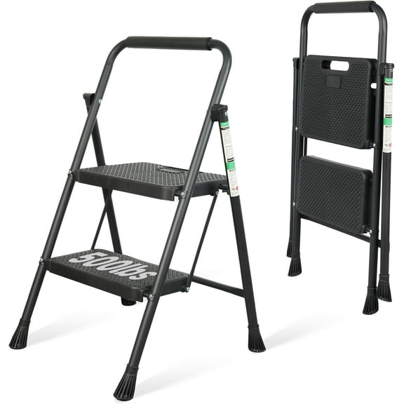2 Step Ladder, Portable Steel Folding Step Stool with Wide Anti-Slip Pedal & Convenient Handgrip, 500lbs Sturdy Steel Ladder, Black