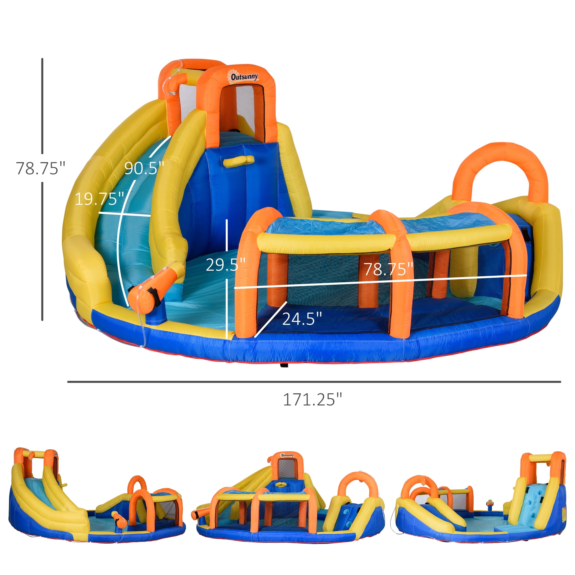 Outsunny 6-in-1 Inflatable Water Slide Kids Bounce House Jumping Castle Includes Slide Basket Pool Water Gun Climbing Wall Tunnel with Carry Bag, Repair Patches and 750W Air Blower