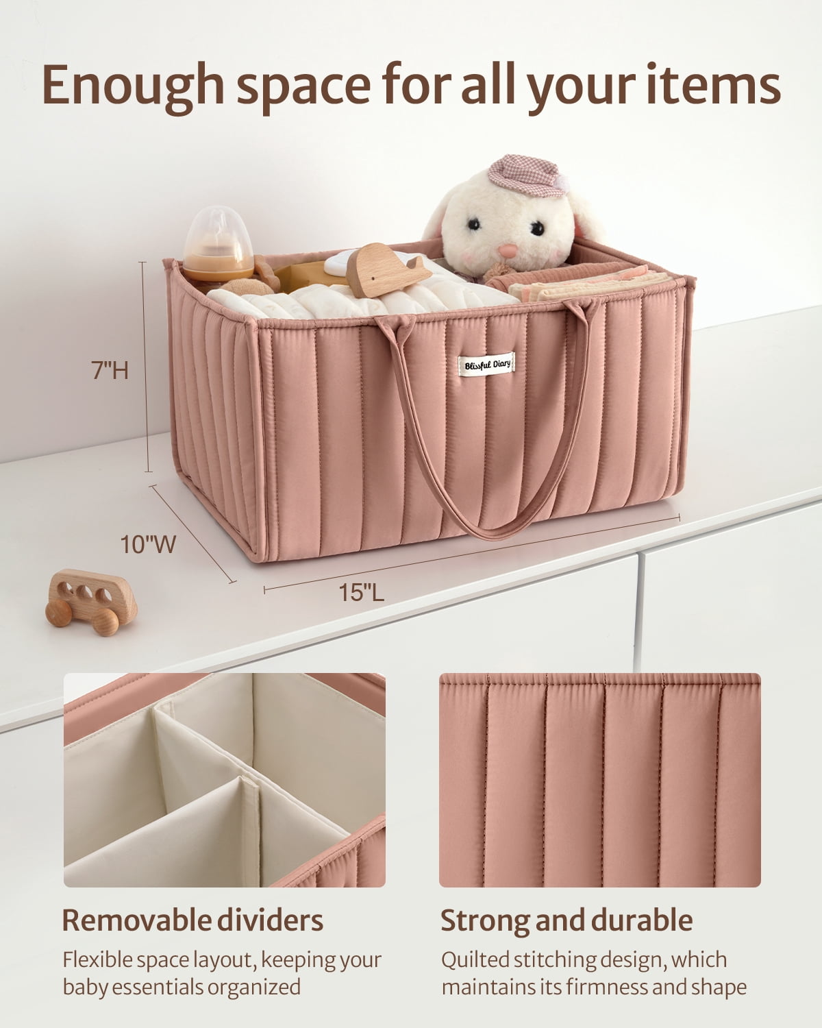 Blissful Diary Diaper Caddy Organizer,Baby Baskets for Baby Shower, Portable Nursery Changing Table Organizer, Diaper Bag, Infant Newborn Essentials Gift, Baby Registry Must Have, Dusty Rose