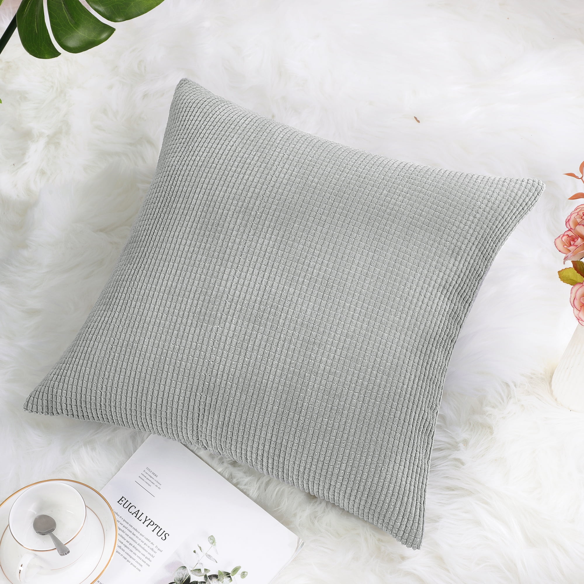 PiccoCasa Velvet Corn Striped Square Throw Pillow Covers, Grey, 18"x18"