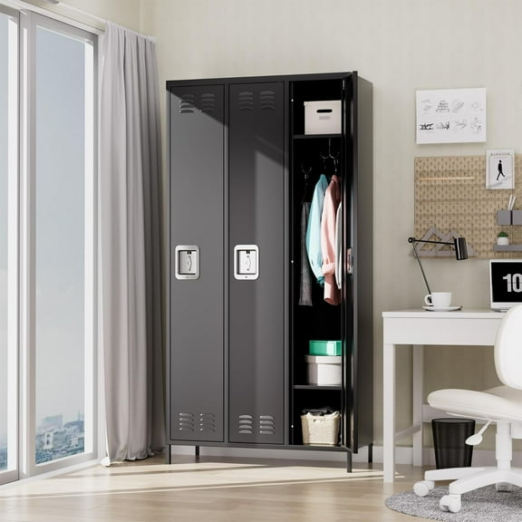 Roromall 3 Doors Steel Storage Cabinet, Metal Locker for School Office Gym Bedroom, 72" Locker Cabinet for Employees, Industrial Storage Locker with 3 Shelves, Black