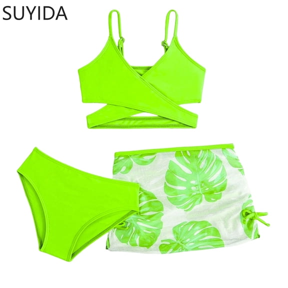 Girls Tankini Swimsuits Cut Out Bikini Set Drawstring Bottoms Girls Swimwear Tankini 3 Piece Hawaiian Bathing Suit