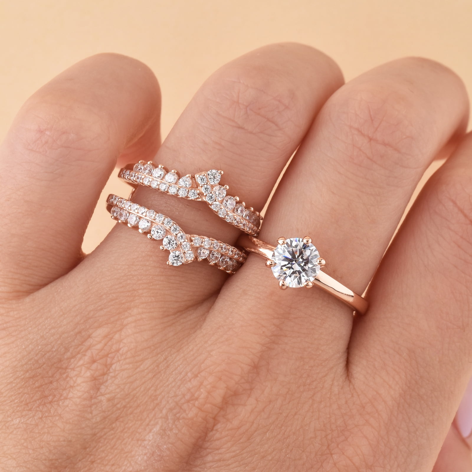 Newshe Wedding Rings for Women Engagement Ring Enhancer Band Bridal Set Sterling Silver 1.8Ct Cz Rose Gold Plated Size 7.5