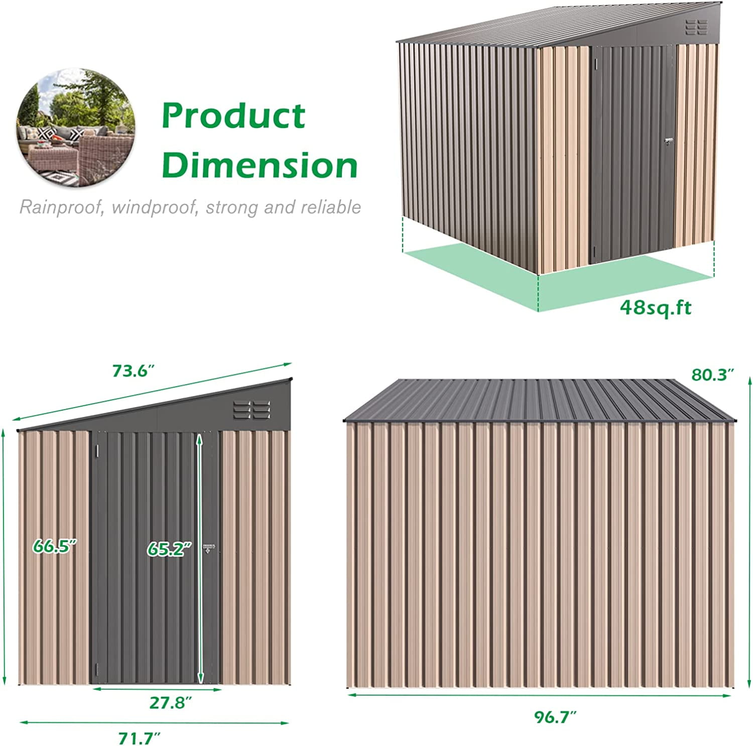 YODOLLA 8' x 6' Outdoor Storage Side Shed Metal Attached Lean-to Shed Galvanized Storage Building for Backyard in Brown