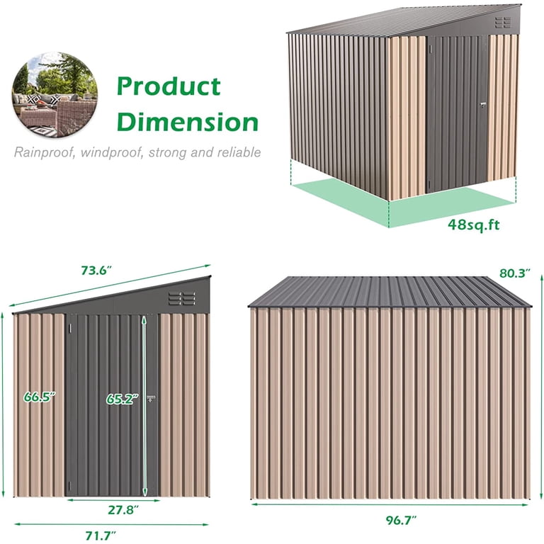 YODOLLA 8' x 6' Outdoor Storage Shed, Brown, Metal Attached Lean