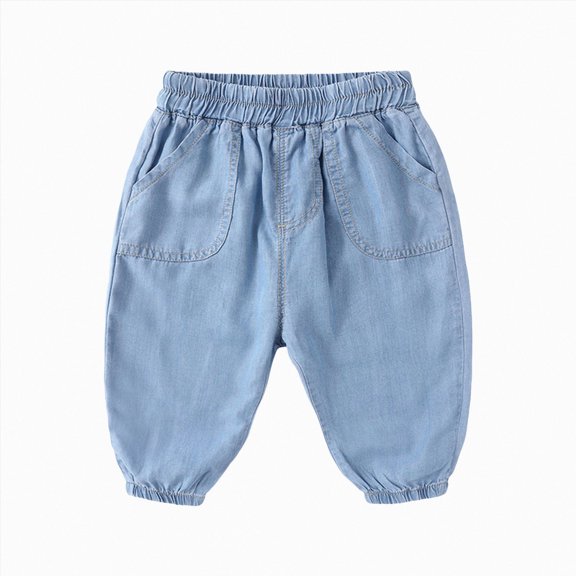 Gubotare Toddler Baggy Jeans Baby Boys Girls Pull On Jeans Elastic Waist Denim Pants Solid Color Denim Trousers with Pockets 6 12 Months (Light Blue,6-12 Months)