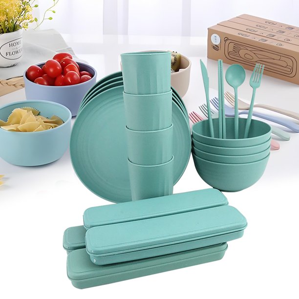 Puntoco Liquidación de suministros de cocina Juego de vajilla portátil para el hogar, 32 piezas, cuenco, taza, cuchara, cuchillo, tenedor, palillos