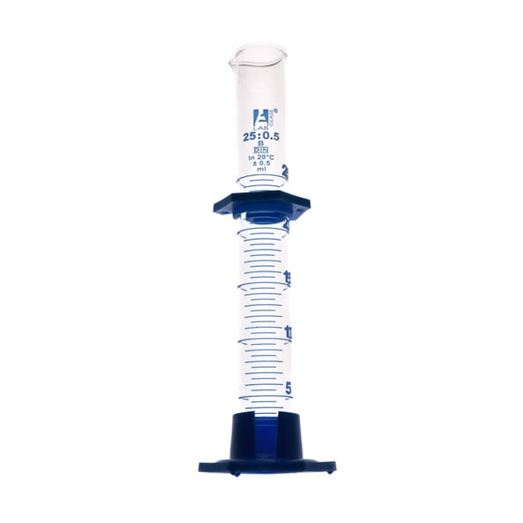 25ml Graduated Cylinder , Class 'B' Borosilicate Glass, Eisco Labs, Detachable Plastic Hex. Base w/ Spout and Protective Guard, Borosilicate Glass w/ .5ml Graduations