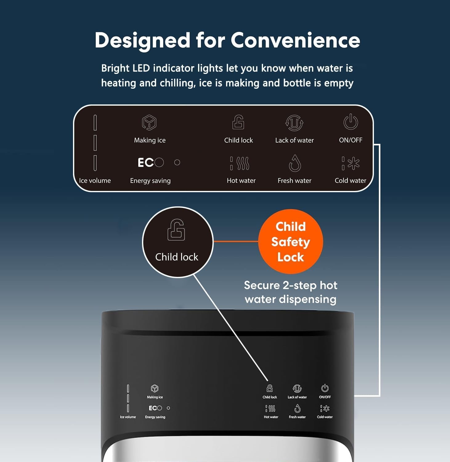 IKT Bottom Loading Water Dispenser with Ice Maker, for 5 Gallon,Safety Features, 3 Temperature,22lbs Within 24hrs, Empty Bottle Indicator, Black