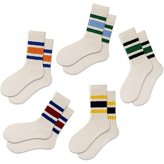 Retro Striped Crew Socks 5 Pairs , Seamless Toe Comfort for Men & Women - Slouch Scrunch Casual Socks, Soft Breathable Cotton Blend, Fashion Ankle Socks for Daily Wear, Sports, Unisex