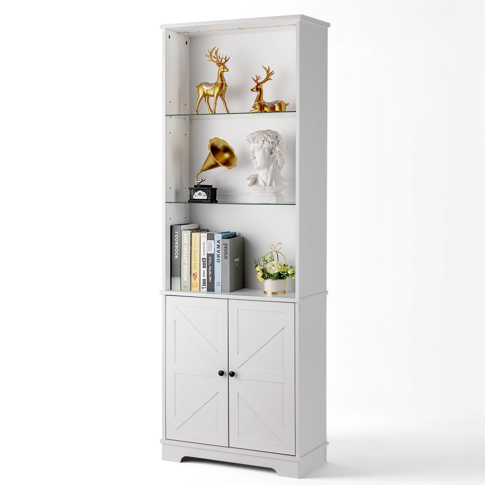 3-Layer Display Cabinet, Glass Shelf With 2 Doors Double Z Shape Led Light Strip Front Curved Base Feet Triammine Board, White/60*23.5*180cm