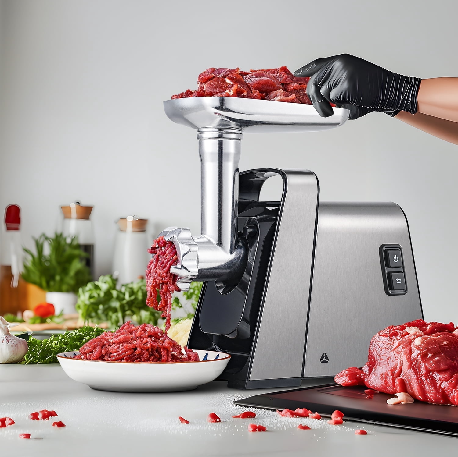 Sunmaki Electric Meat Mincer Machine with 2 Stainless Steel Blades & 4 Grinding Plates