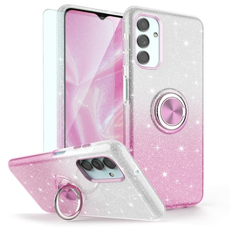 TJS Phone Case for Samsung Galaxy A13 5G, Galaxy A04s with Tempered Glass Screen Protector, Two Tone Shinny Glitter Metal Ring Magnetic Support Kickstand Cover (Pink)