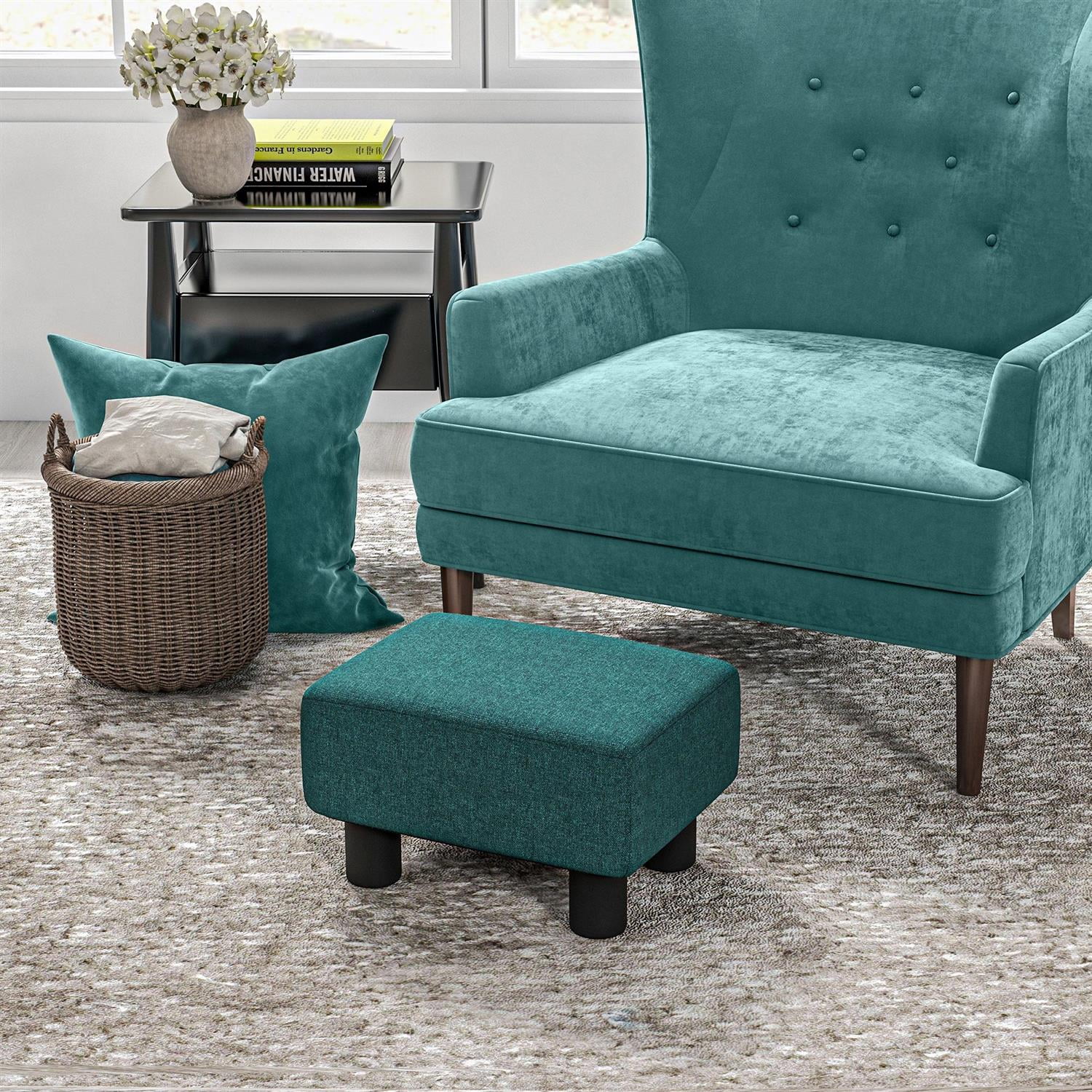 Demi Bonn 15" Small Ottoman Foot Rest, Foot Stool with Linen Fabric Upholstery and Plastic Legs, Cube Ottoman for Living Room, Bedroom, Green