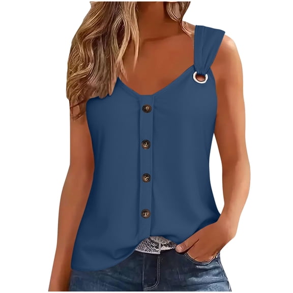 Ring Tank Top Women Casual Summer V-Neck Sleeveless T Shirts with Ornamental Button