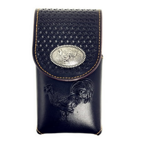 - Western Cowboy Tooled Basketweave Leather Rooster Concho Belt Loop iPhone Cellphone Holster Case