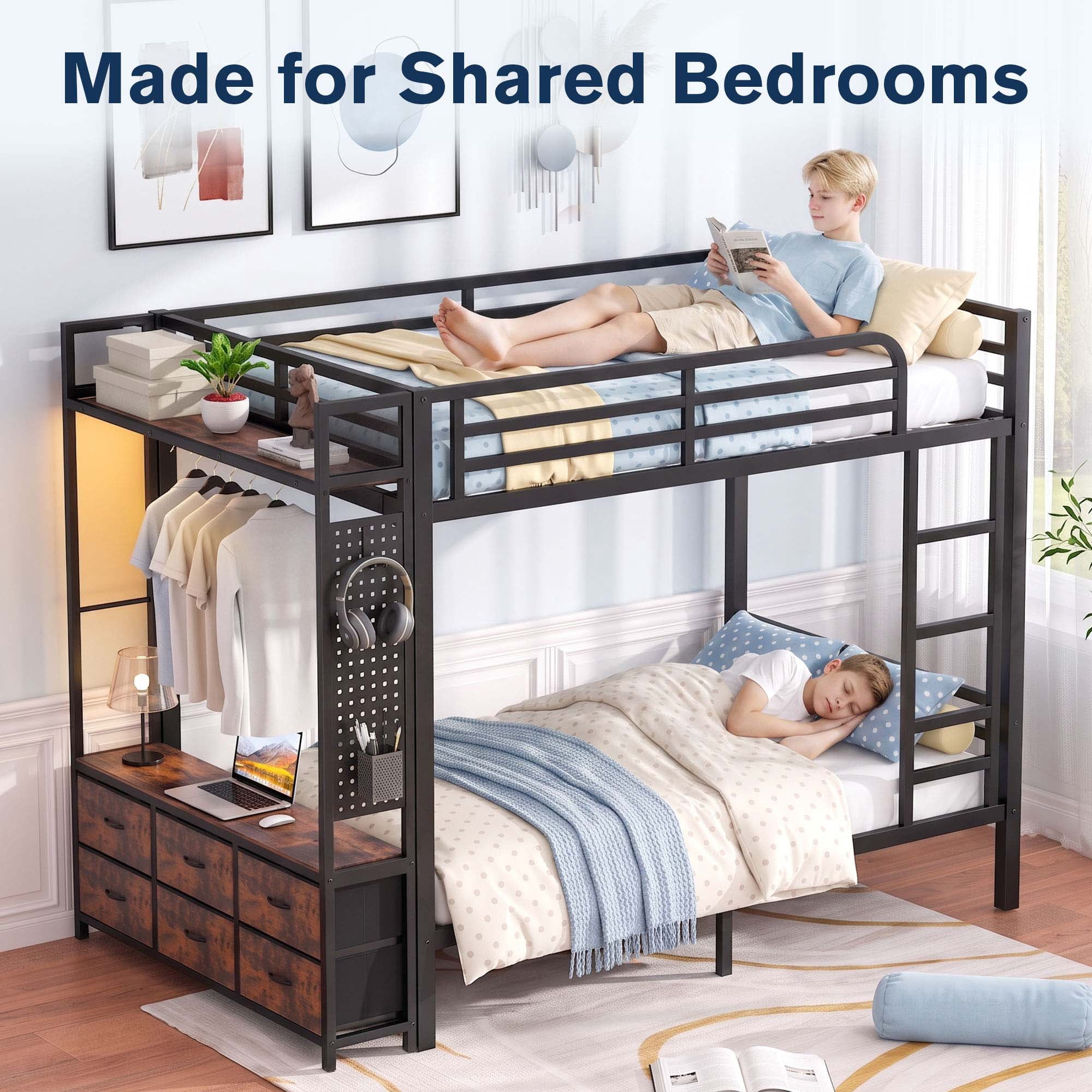 Miniyam Full Over Full Metal Bunk Bed with 6 Storage Drawers, LED Light and Charging Station, Black