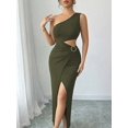 thumbnail image 5 of Green One Shoulder Cut Out Side Belt Split Maxi Dress For Women, 5 of 6