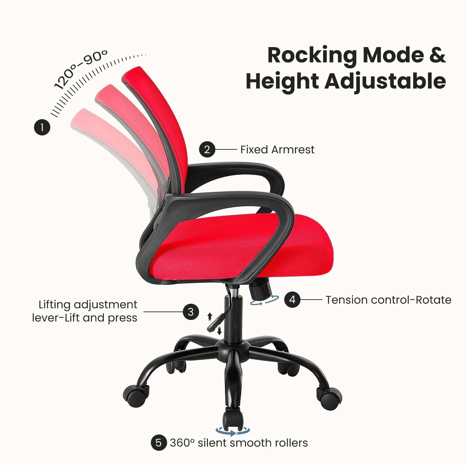 Kelno Mid-Back Mesh Office Chair 250lb Capacity Ergonomic Desk Chair with Lumbar Support Adjustable Height Rocking Task Chair, Red