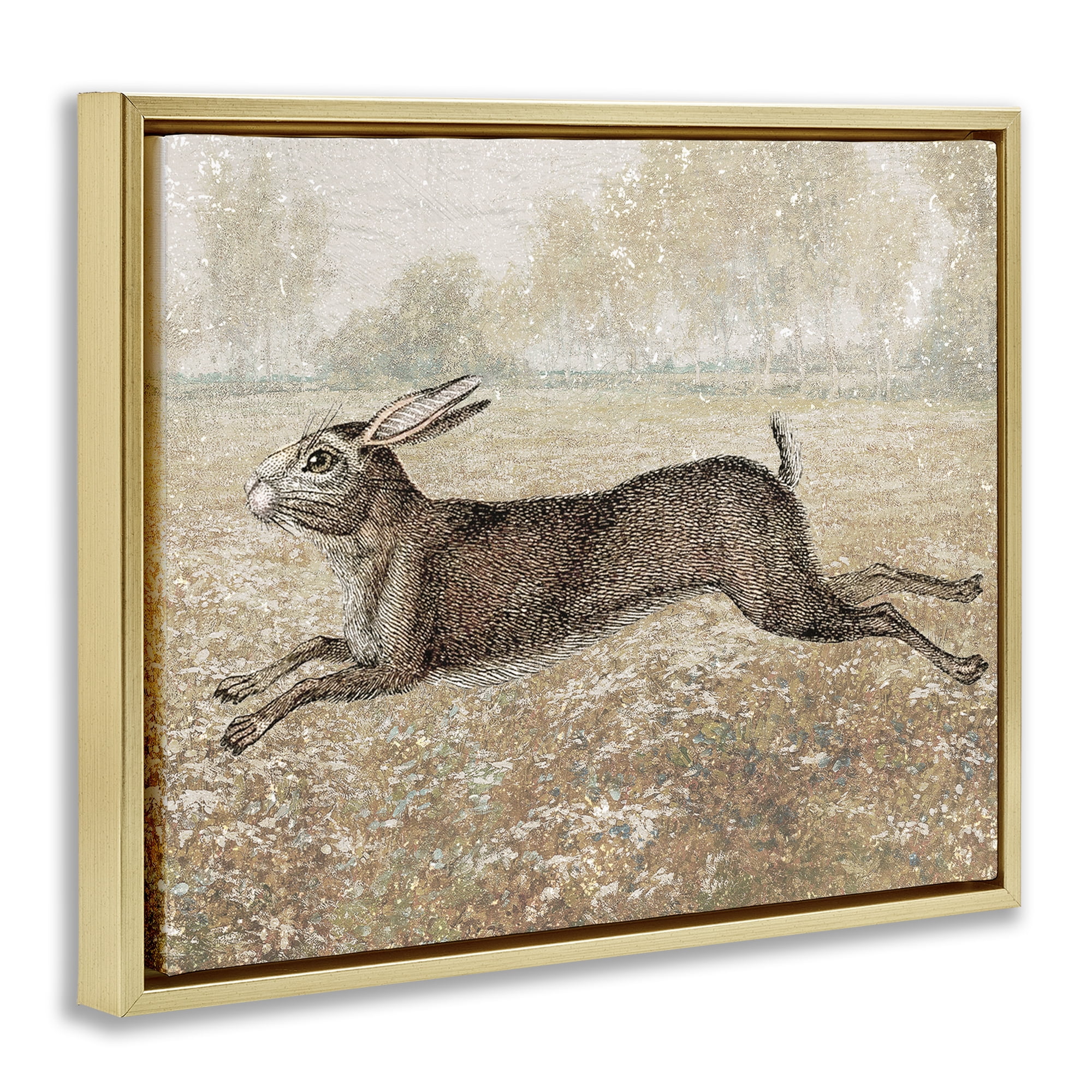 Stupell Industries Traditional Jumping Hare Landscape & Nature Painting Gold Floater Framed Canvas Art Print Wall Art, 31 x 25