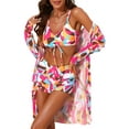 thumbnail image 5 of INSPIRE CHIC Women's Strappy Floral Printed Ruched Bikini Sets, 3 Pieces Long Sleeve Robe Cover Up BoyShorts Bottom Swimwear Rose Red Yellow Medium, 5 of 6