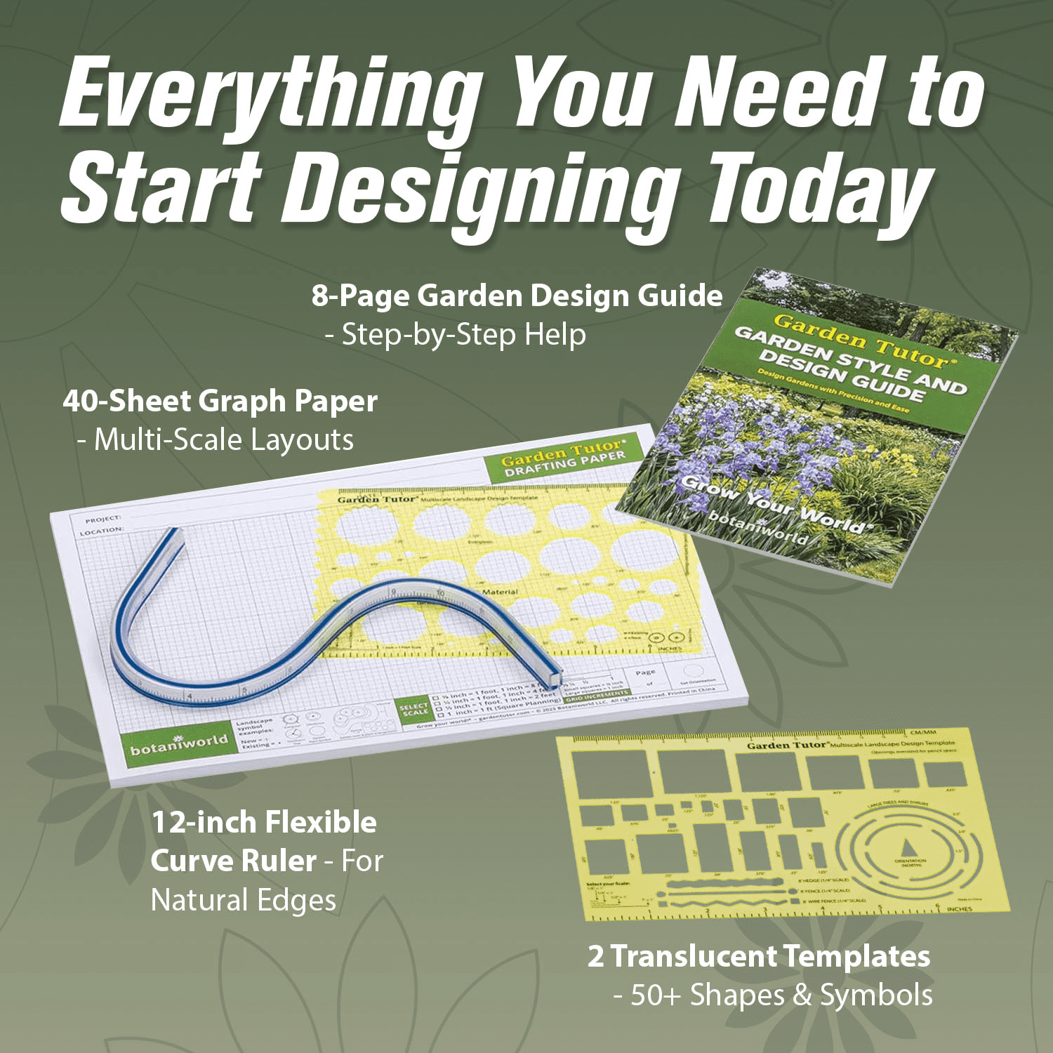 Garden Tutor Multiscale Garden & Landscape Design Kit, 12-Inch Flexible Curve Ruler, 40-Sheet Graph Paper, 2 Translucent Yellow Stencils