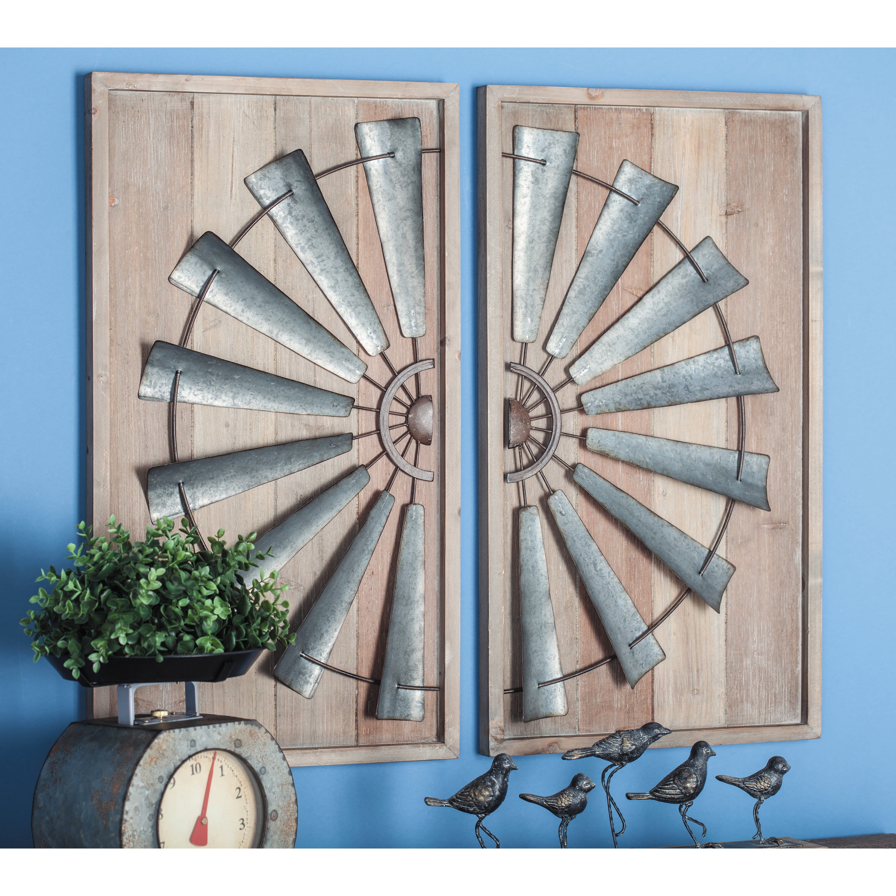DecMode Gray Wood Windmill Wall Decor with Wood Backing (2 Count)