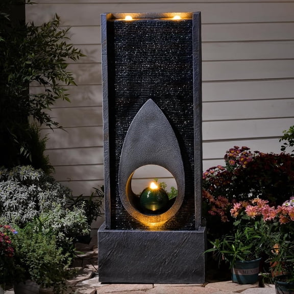 46.5’’Tall Modern Water Fountain Indoor Outdoor Waterfall Feature Floor Standing with Sphere and LED Lights for Garden, Yard, Patio, Deck, Porch, Livingroom Decor