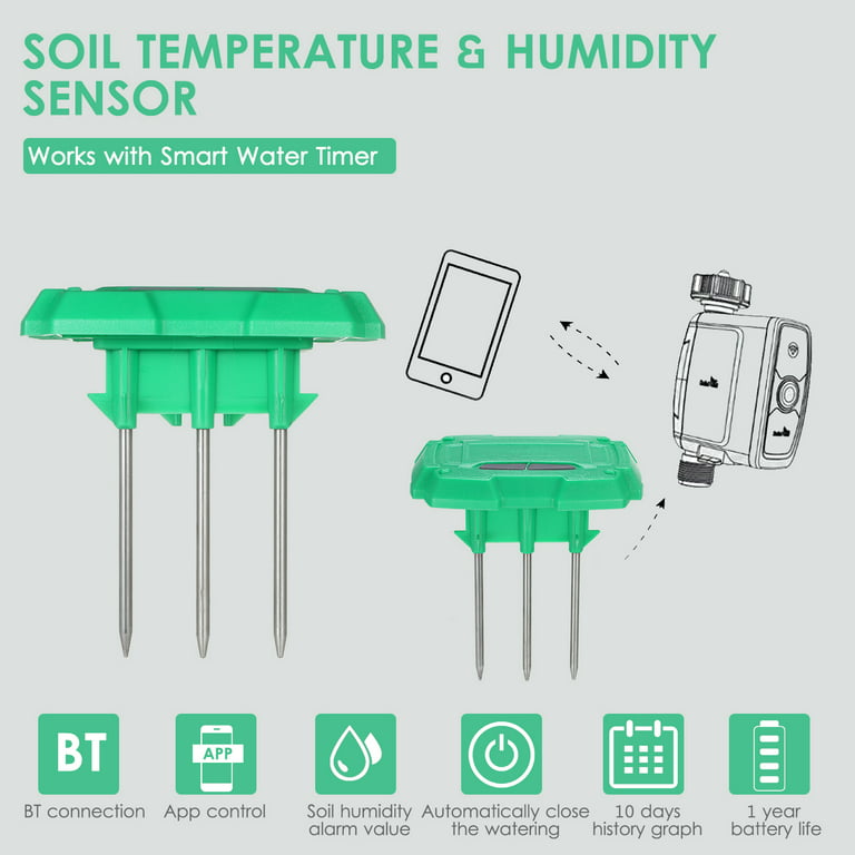 BT App Control Soil Temperature Sensor Meter Irrigation Soil Thermometer Humidity Sensor Tester Works with Smart Water Timer for Outdoor Indoor Plants