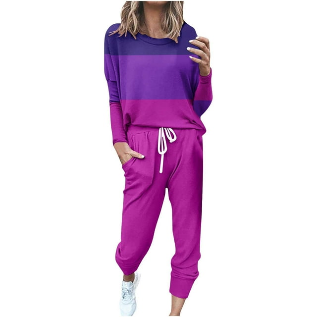 Yuyuzo Ensemble 2 Pcs Automne pour Femmes Patchwork Manches Longues et Pantalon Resserré Ensemble Détente