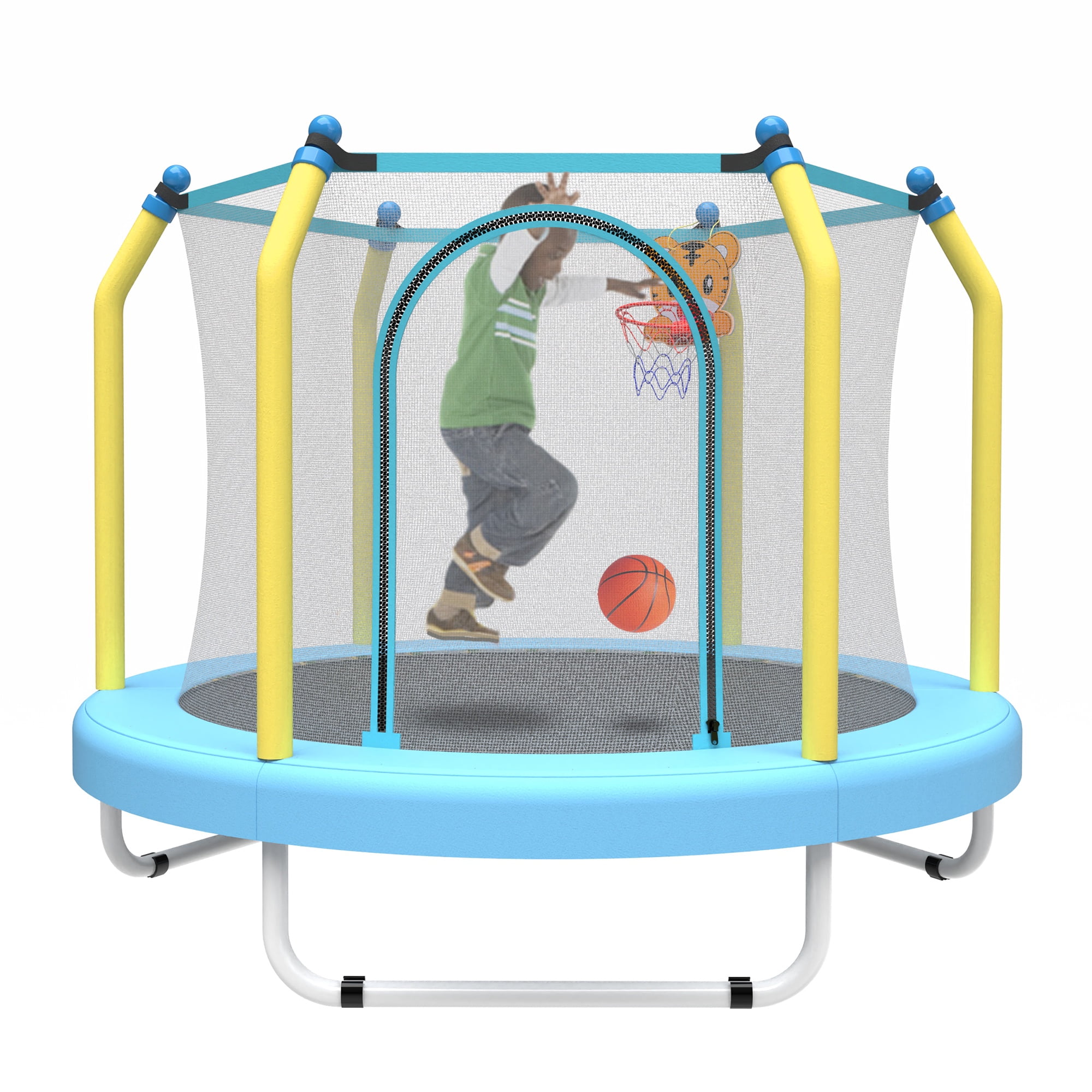 Toddler Trampoline with Safety Enclosure Net, Segmart Mini Trampoline with Cartoon Basketball Hoop, Recreational Trampoline with No-Gap Safe Design, Birthday Gifts for Boys & Girls