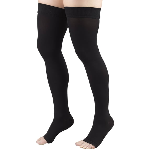 iMucci 20-30 mmHg Compression Stockings for Women and Men, Thigh High Length, Dot-Top, Open Toe, Black, Small