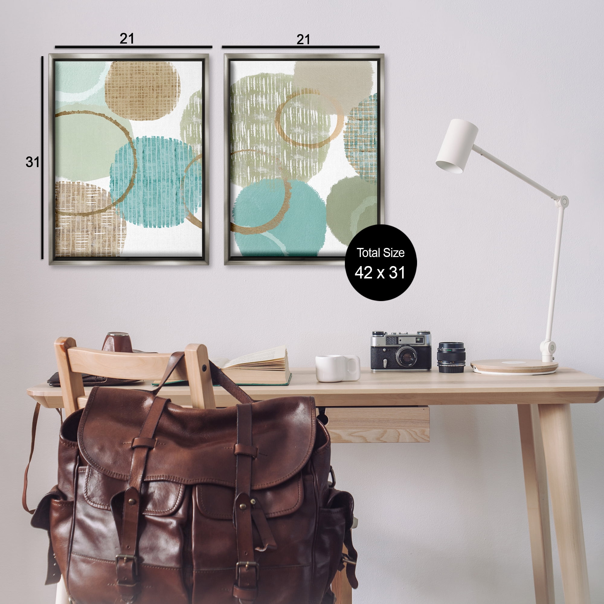 Stupell Industries Textured Layered Aqua Circles Abstract Painting Gray Floater Framed Canvas Art Print Wall Art, 21 x 31, Set of 2
