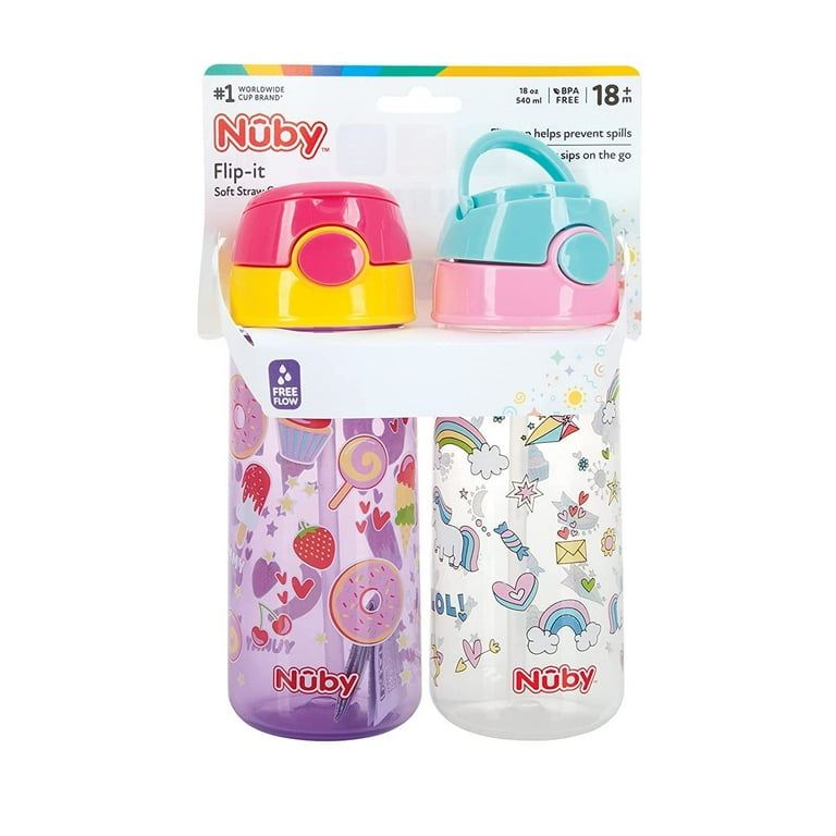 Nuby 2-Pack Kid's Printed Flip-it Active Water Bottle with Push Button Cap  and Soft Straw - 18oz / 540ml, 18+ Months, 2-Pack, Unicorns/Sweet Treats