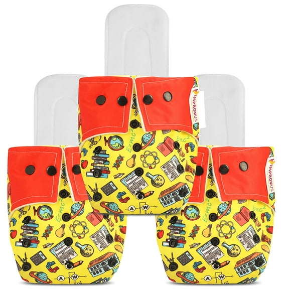 IMPROVUS 100% Cloth Diapers for Babies (0-3 Years), Reusable, Washable & Adjustable Nappies Snap Buttons and Wet-Free Insert Pads (Red & Yellow pack of 3 cloth diaper and 3 insert pads)