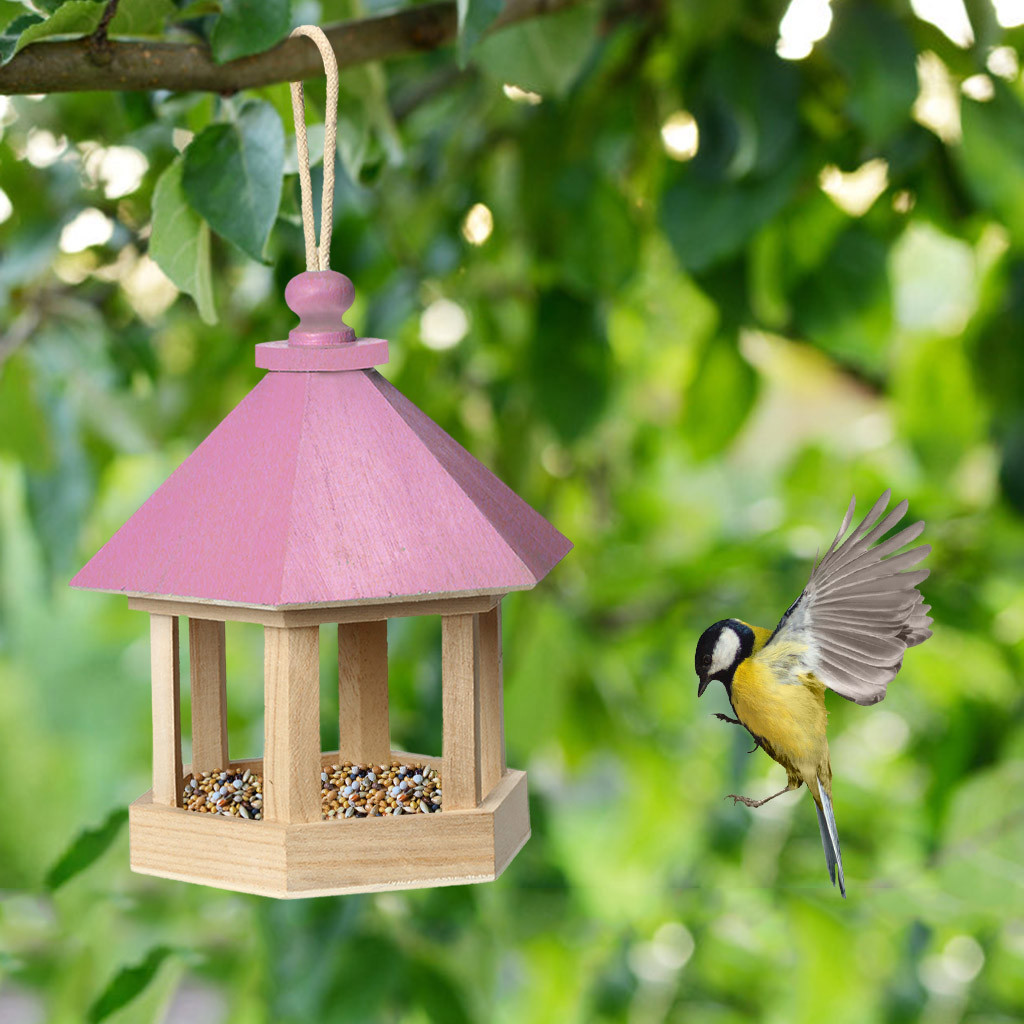 Hanging Wood Gazebo Wild Bird Feeder Hexagon Roof for Garden Yard Tree Decor
