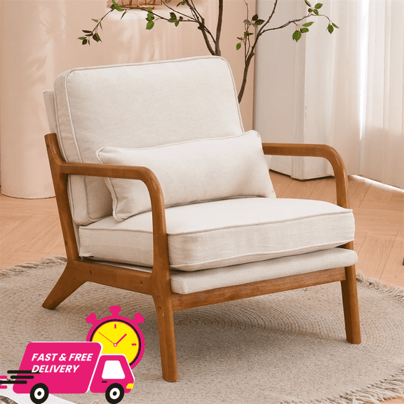 Tcbosik Living Room Chair with Pillow - Upholstered Linen Reading Armchair with Wood Frame - Single Sofa Chair for Bedroom - Easy Assembly - Off-White