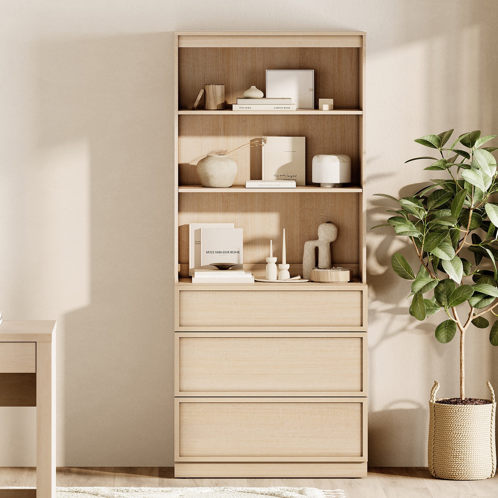 Modern 72" Tall Bookshelf with 3 Drawers and Open Book Shelves,Wood Freestanding Book shelf for Home Office, Living room,Beige