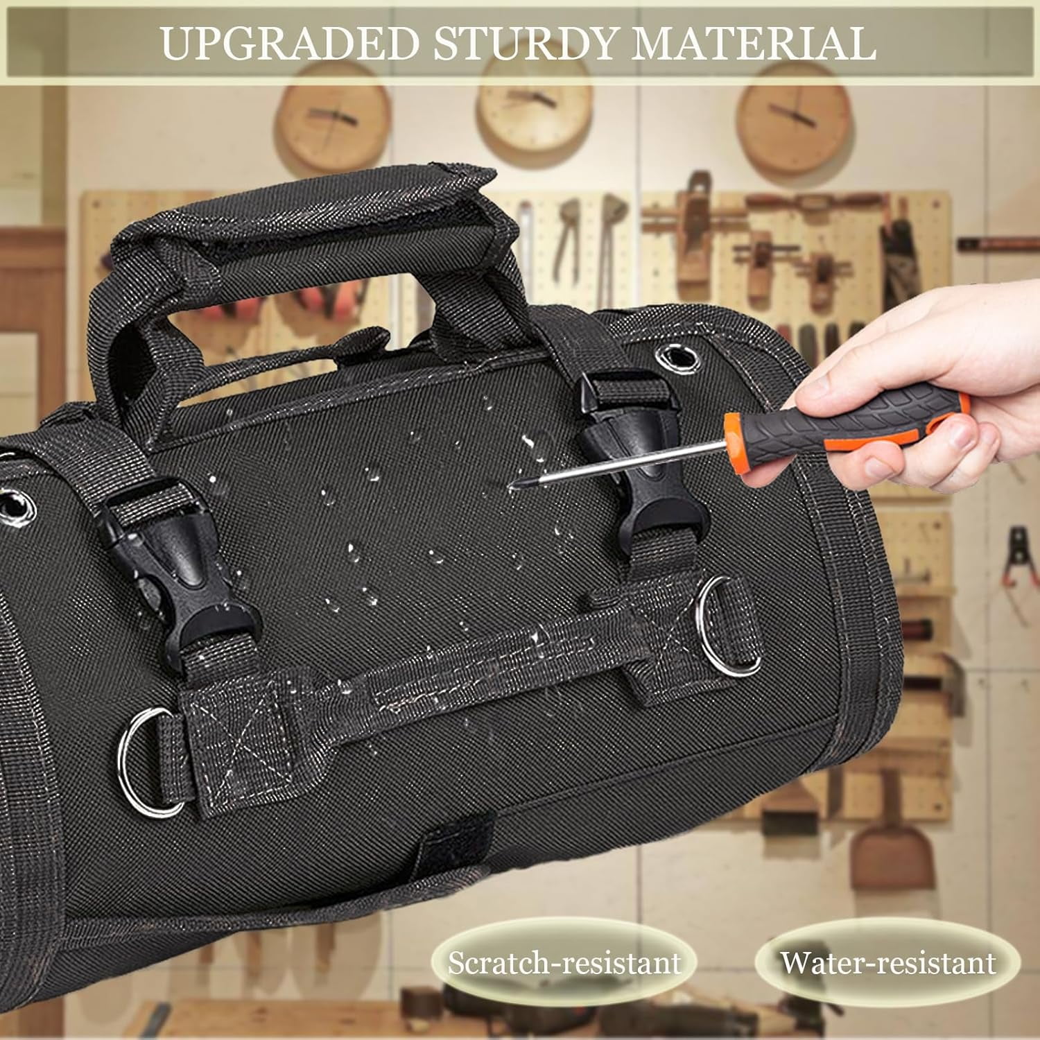 Tool Organizer Bag, Foldable Roll Up Bag Organizer w/ 2 Detachable Pouches, Heavy Duty Tool Storage Organization for Mechanic Carrying Toolbag, Dad Men Birthday Father Day, Gifts for Him (Black)