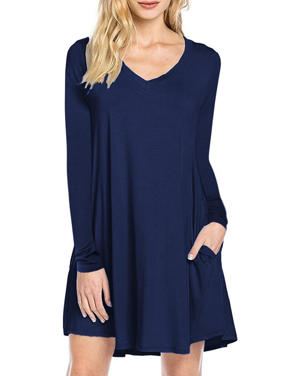Long Sleeve V-neck Swing Pocket Casual 