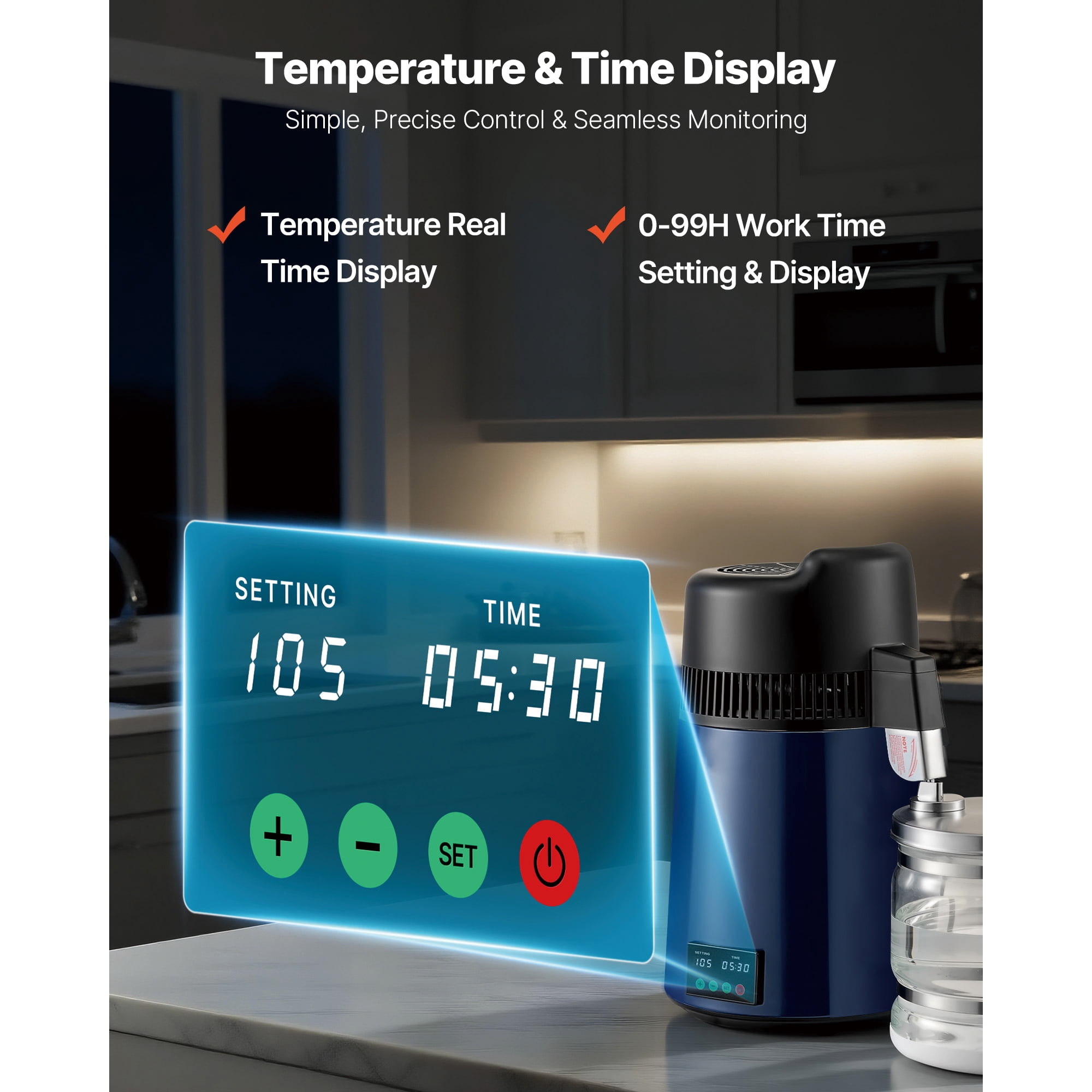 KFFKFF 6L 1.6 Gallon Water Distiller, Countertop Pure Water Purifier with 900W Power, Glass Container, Stainless Steel Design for Home Use, Blue-Black
