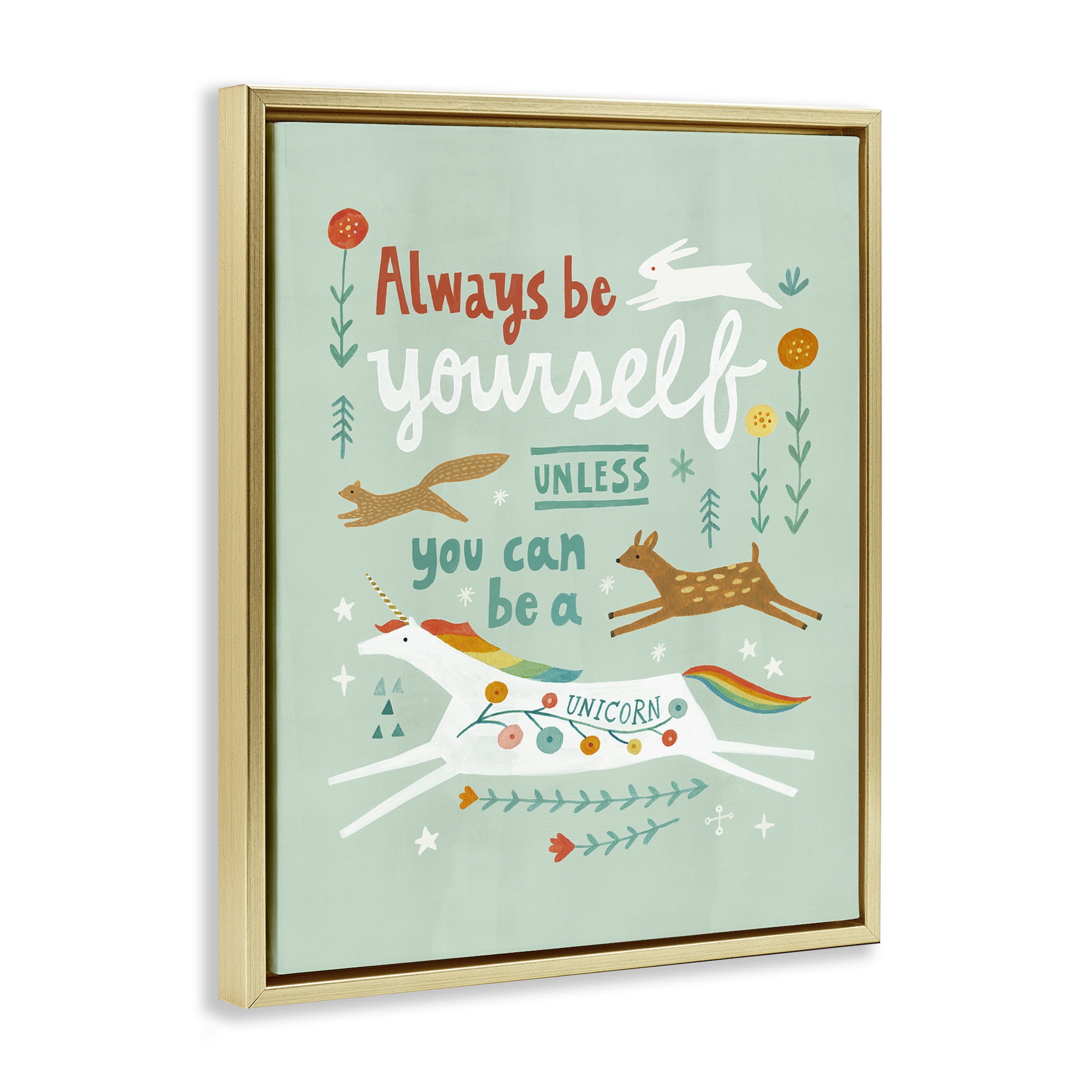 Stupell Industries Be A Unicorn with Wildlife Animals Painting Gold Floater Framed Canvas Art Print Wall Art, 17 x 21