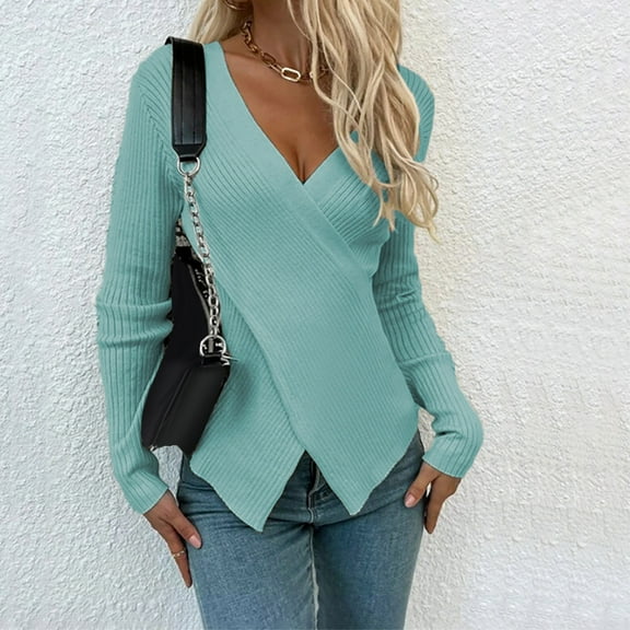 VSSSJ Womens Elegant Cross Wrap V Neck Knitted Sweater Casual Irregular Hem Solid Color Long Sleeve Ribbed Slim Tunic Sweaters Blue M