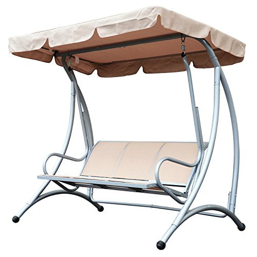 Outsunny 3 Person Patio Swing Seats, Porch Swing with Stand & Adjustable Canopy, Heavy Duty Outdoor Swing Chair Bench for Adults, Beige