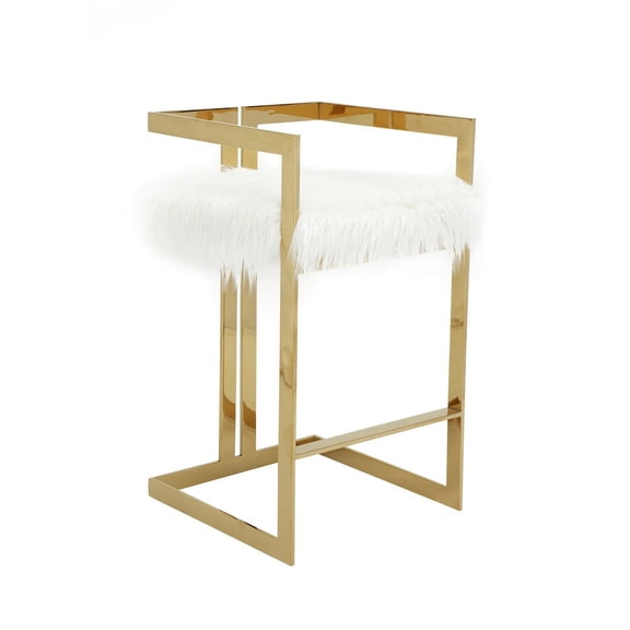 Pangea Home Kenzie 27.5" Stainless Steel & Faux Fur Bar Stool in White/Gold