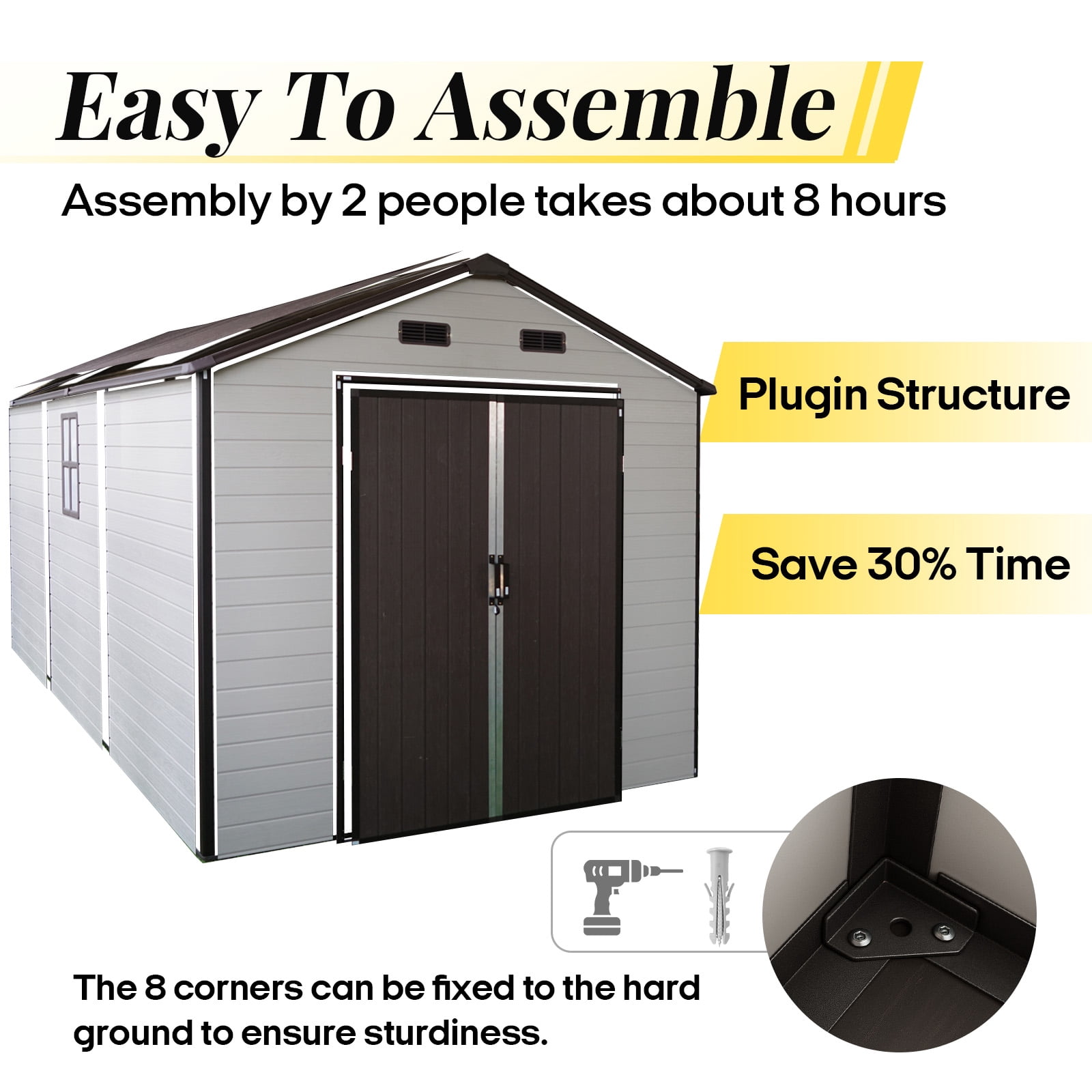 8x14 FT Resin Storage Shed with Floor, Lockable Outdoor Storage Shed with Ventilation Windows, Aluminum Frame Garden Tool Storage for Backyard Patio Lawn, All-Weather Use Brown White