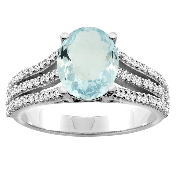 14K White Gold Natural Aquamarine Tri-split Ring Oval 9x7mm Diamond Accents, size 8.5