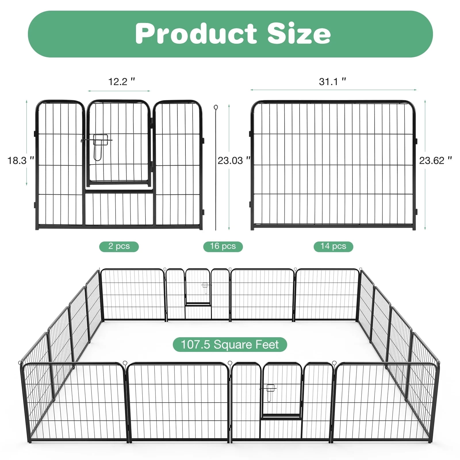 Gianna Metal Dog Playpen, 24 inch Height 16 Panels Pet Fence, Foldable Dog Pen for Indoor Outdoor